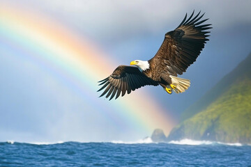 Obraz premium breathtaking scene of an eagle gliding under rainbow over the ocean