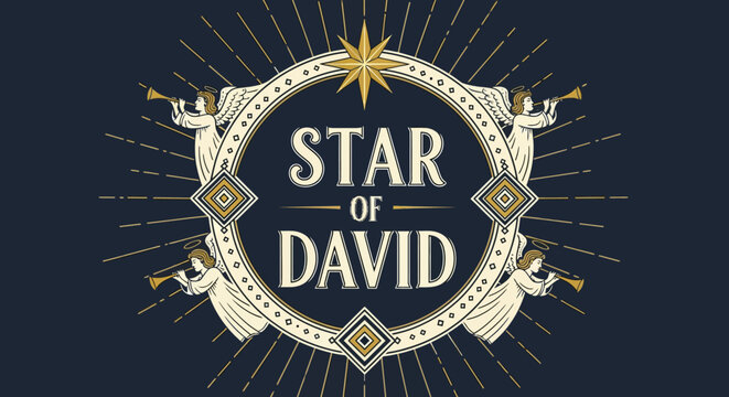 Celestial heraldry with trumpeting figures and guiding star emblem