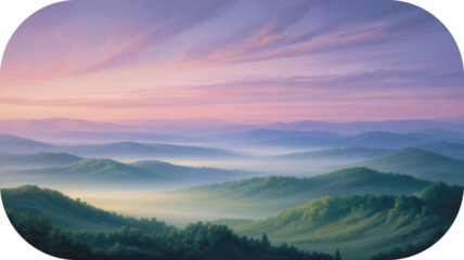 Misty Mountain Landscape at Sunrise with Pastel Sky and Green Valleys mountains hills isolated on a transparent background