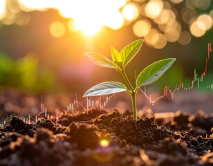 Small green sprout growing in rich soil with a rising graph