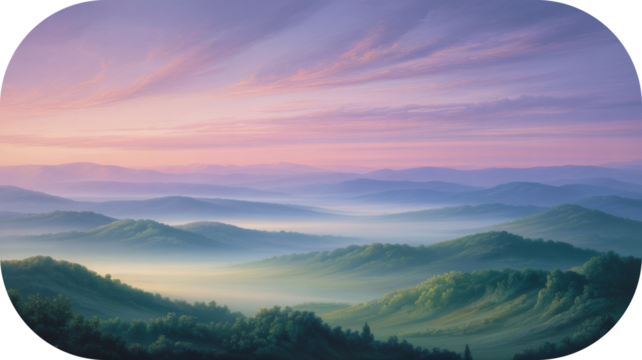 Misty Mountain Landscape at Sunrise with Pastel Sky and Green Valleys mountains hills isolated on a transparent background