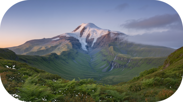 Majestic Snow- Capped Mountain Peak with Lush Green Valleys and Glacial Meltwater Streams glacier landscape isolated on a transparent background