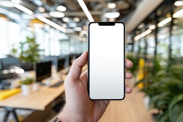 Person holding a modern smartphone with blank screen in a bright contemporary office environment