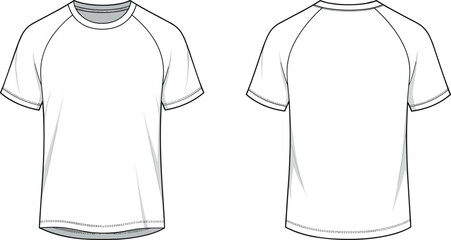Blank raglan sleeve t-shirt front and back technical fashion illustration, sportswear apparel template drawing, casual clothing design sketch, garment concept