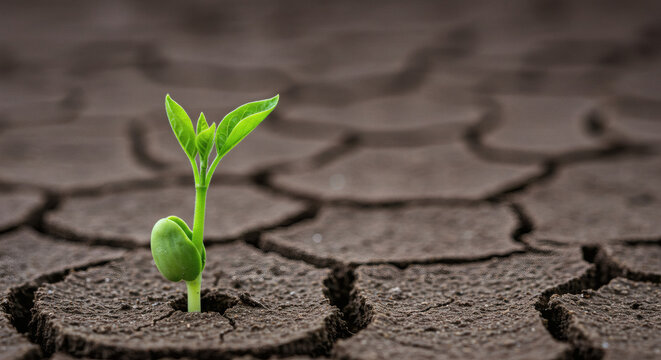 Tiny green seedling sprouts from cracked dry earth symbolizing hope resilience growth and new beginnings in arid conditions