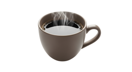 A hot cup of coffee with steam rising from the dark liquid.