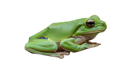 A single bright green tree frog resting peacefully on a white background.