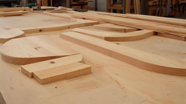 Wooden pieces and planks arranged on a workbench in a carpentry workshop