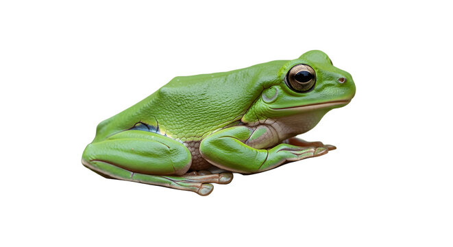A single bright green tree frog resting peacefully on a white background. - Powered by Adobe