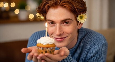 Happy Young Man with Red Hair Holding Birthday Cupcake with Lit Candle
