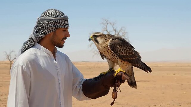 A man in traditional attire holds a falcon on his gloved hand in a desert landscape.
