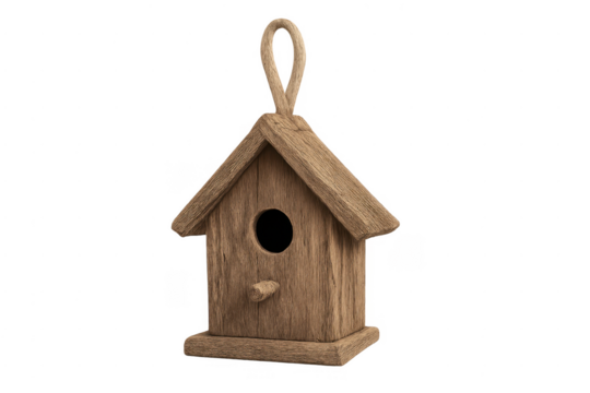 Rustic wooden birdhouse hanging with rope loop on transparent background