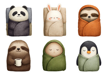 Obraz premium Cute Animal Characters in Cozy Blankets with Soft Colors on Transparent Background