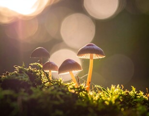 Small mushrooms illuminated by sunlight, emerging from mossy growth