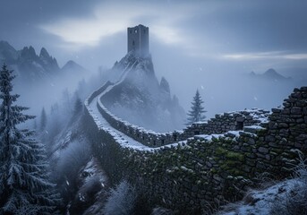 Ancient stone defensive wall and ruined tower on a snowy, misty mountain peak.