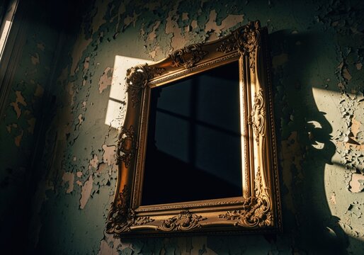 Ornate gold frame on a distressed wall illuminated by dramatic window light.