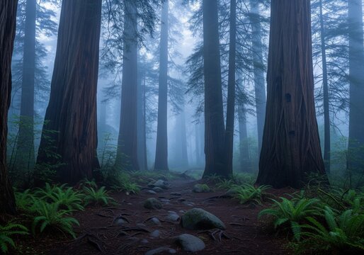 Ancient redwood grove shrouded in thick atmospheric mist along a rocky forest path