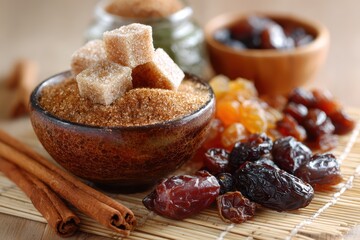 A Close-Up View of Various Natural Sweeteners and Dried Fruits Including Sugar Cubes, Cinnamon Sticks, and Rich Dates on a Wooden Surface