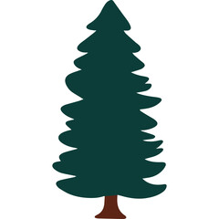 Tall dark green evergreen pine tree with brown trunk against a stark white background isolated nature symbol clean design