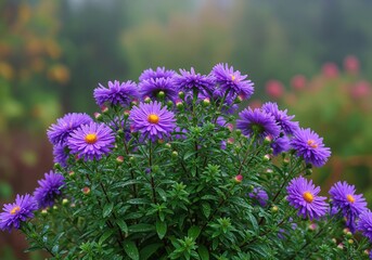 Obraz premium Lush purple aster flowers with yellow centers blooming brightly in a foggy garden