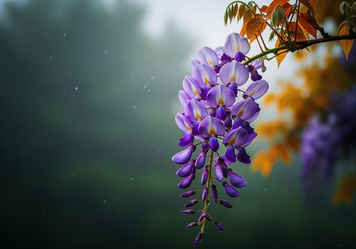 Vibrant purple wisteria flower cluster hanging delicately in a misty natural setting