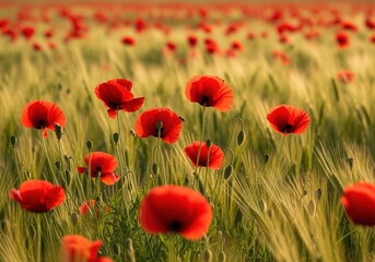 Obraz premium Vibrant red poppy flowers standing tall in a sunlit field of golden wheat grain.