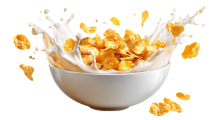 A white bowl filled with crispy cornflakes is shown with milk splashing upward and outward, creating a dynamic and energetic effect. Individual cornflakes and droplets of milk are frozen in mid-air, g