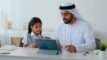 A man and a young girl in traditional attire are engaged in a learning activity using a tablet with coding displayed on the screen.
