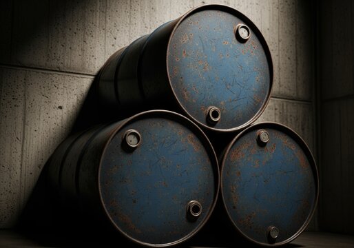 Trio of rusty blue metal oil drums stacked against a textured industrial concrete wall