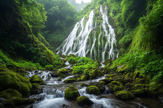 cascading waterfall tumbling down moss-covered hills, blending water and earth in harmony - Powered by Adobe