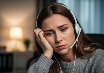Stressed young woman wearing a headset suffering from burnout while working late at home