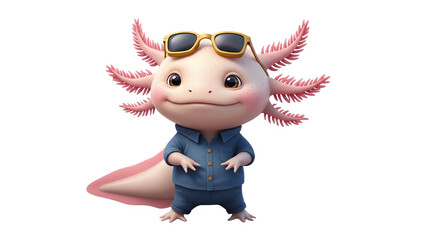 Fototapeta premium Adorable Axolotl Character Wearing Sunglasses and Blue Shirt.