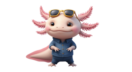 Adorable Axolotl Character Wearing Sunglasses and Blue Shirt.