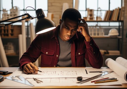 Concentrating young black architect drawing architectural plans under a desk lamp.