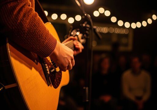 Close up of a guitarist playing acoustic guitar and performing live music on a dark stage