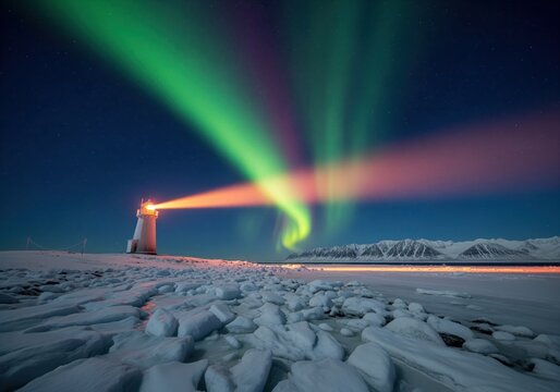 Lighthouse beam shining under vibrant aurora borealis over frozen arctic landscape