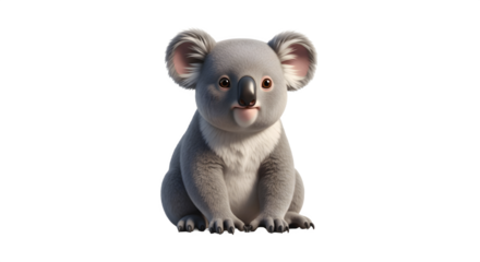 Adorable baby koala with soft fur and big ears sitting upright.