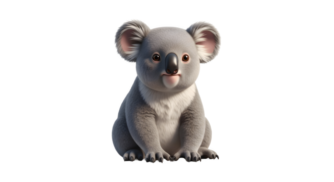 Adorable baby koala with soft fur and big ears sitting upright.