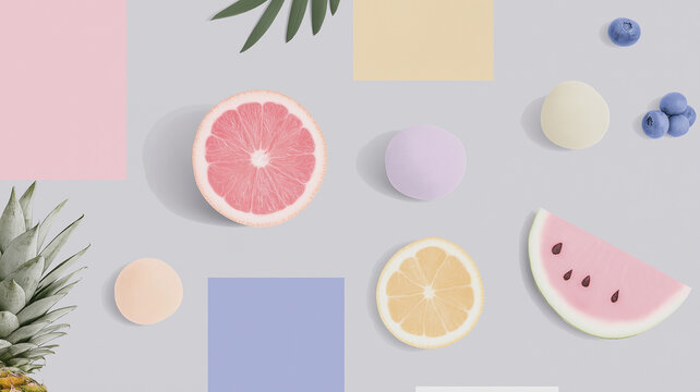 Colorful and playful arrangement of fruits and geometric shapes creates vibrant and cheerful composition. image features grapefruit, lemon, watermelon, blueberries, and pastel colored circles