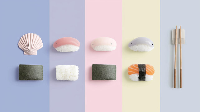 Colorful sushi pieces with cute faces are arranged on pastel backgrounds, creating playful and kawaii aesthetic. sushi includes various types like nigiri and maki, alongside chopsticks