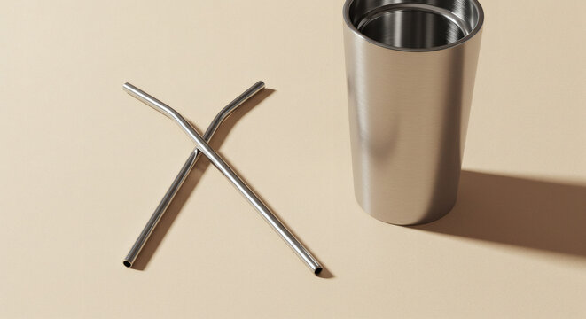 Sleek stainless steel reusable straw and tumbler set promoting sustainable lifestyle choices for modern consumers