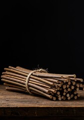 A tightly tied stack of slender wooden sticks resting on a rustic table, ready for use as kindling or crafting material ,forestry ,branches ,rustic