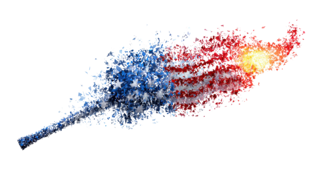 The image is a digital illustration of the American flag being deconstructed into a stream of particles on white background 
