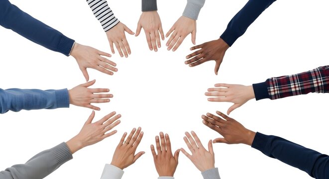 Diverse hands reaching towards the center, representing unity and collaboration. The image highlights inclusivity and teamwork.