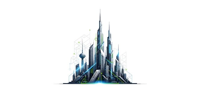 Futuristic skyscraper cityscape showcasing urban growth and architectural design. The image emphasizes the interplay of light and shadow