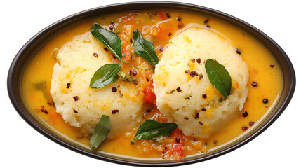 The image shows a bowl of idli sambar, a popular South Indian dish. The bowl contains several soft, round steamed rice cakes (idlis) served in a flavorful lentil-based vegetable stew (sambar). The sam