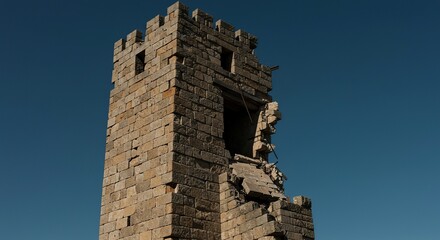 A towering, ancient stone fortress symbolizing absolute power and historical imprisonment, now showing signs of violent collapse and decay ,heavy ,large ,vintage