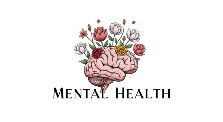 Mental health illustrated with a human brain surrounded by flowers, symbolizing well-being and emotional growth. The image conveys the importance of mental health and a healthy state of mind
