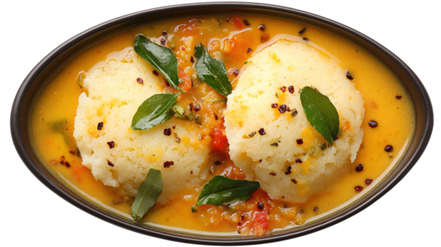 The image shows a bowl of idli sambar, a popular South Indian dish. The bowl contains several soft, round steamed rice cakes (idlis) served in a flavorful lentil-based vegetable stew (sambar). The sam