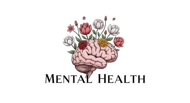 Mental health illustrated with a human brain surrounded by flowers, symbolizing well-being and emotional growth. The image conveys the importance of mental health and a healthy state of mind
